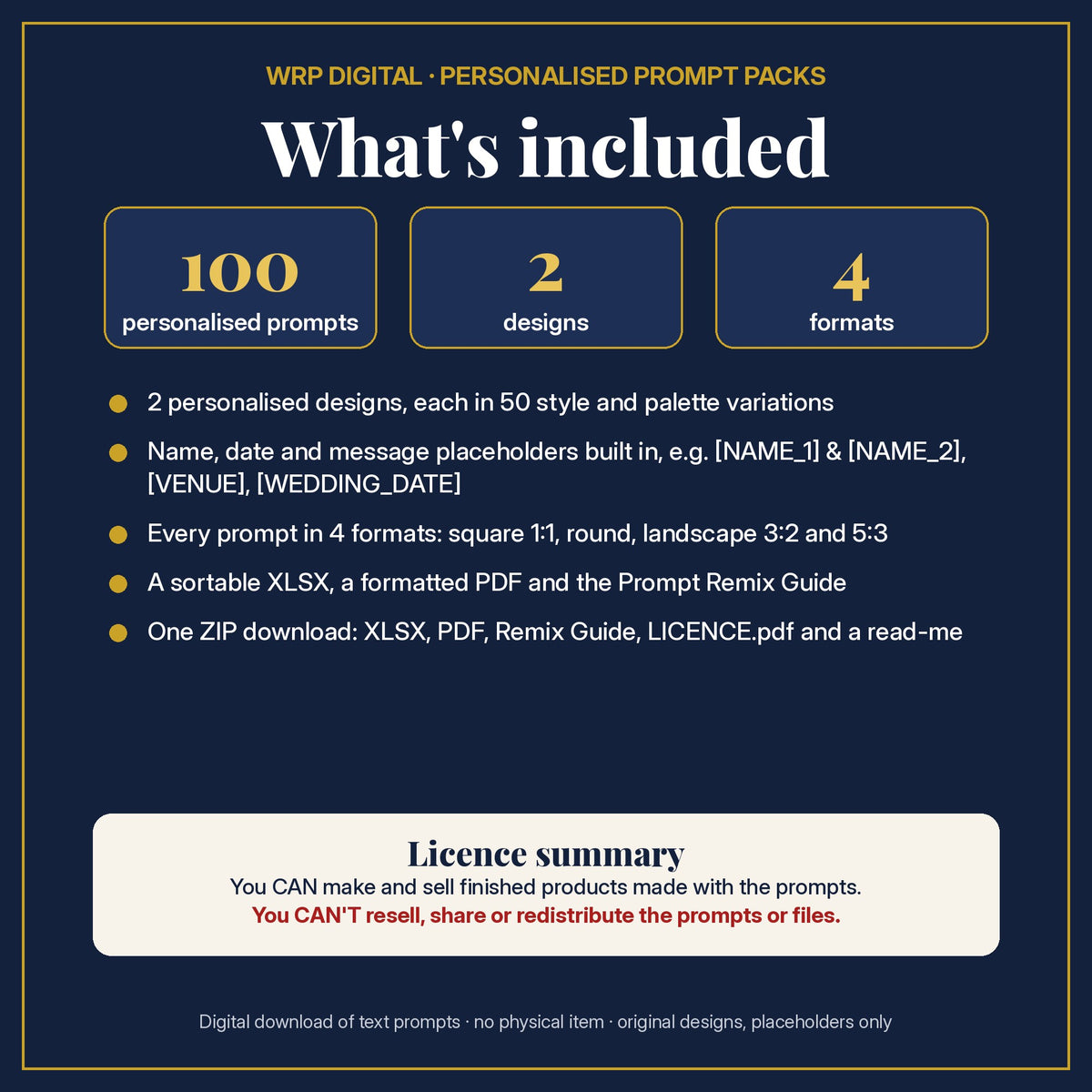 What's included: 100 personalised prompts, 2 designs with name, date and message placeholders, 4 formats (square, round, 3:2, 5:3), XLSX and PDF, Prompt Remix Guide, ZIP, and a licence summary