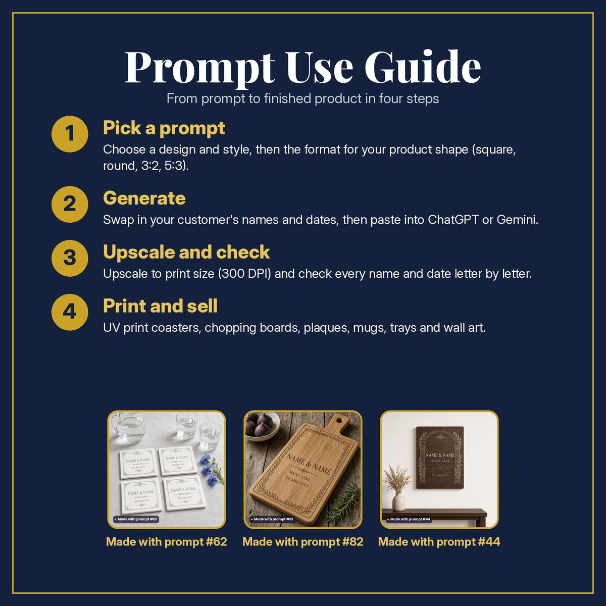 Prompt Use Guide in four steps: pick a prompt, generate, upscale and check, print and sell, with example products made with prompt #62, prompt #82, prompt #44