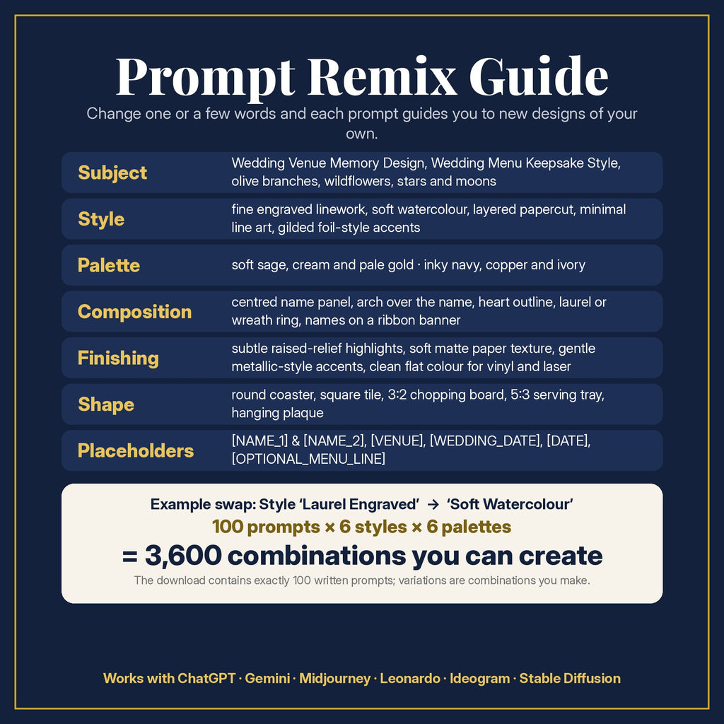 Prompt Remix Guide: change subject, style, palette, composition, finishing, shape and placeholders; 100 prompts × 6 styles × 6 palettes = 3,600 combinations you can create