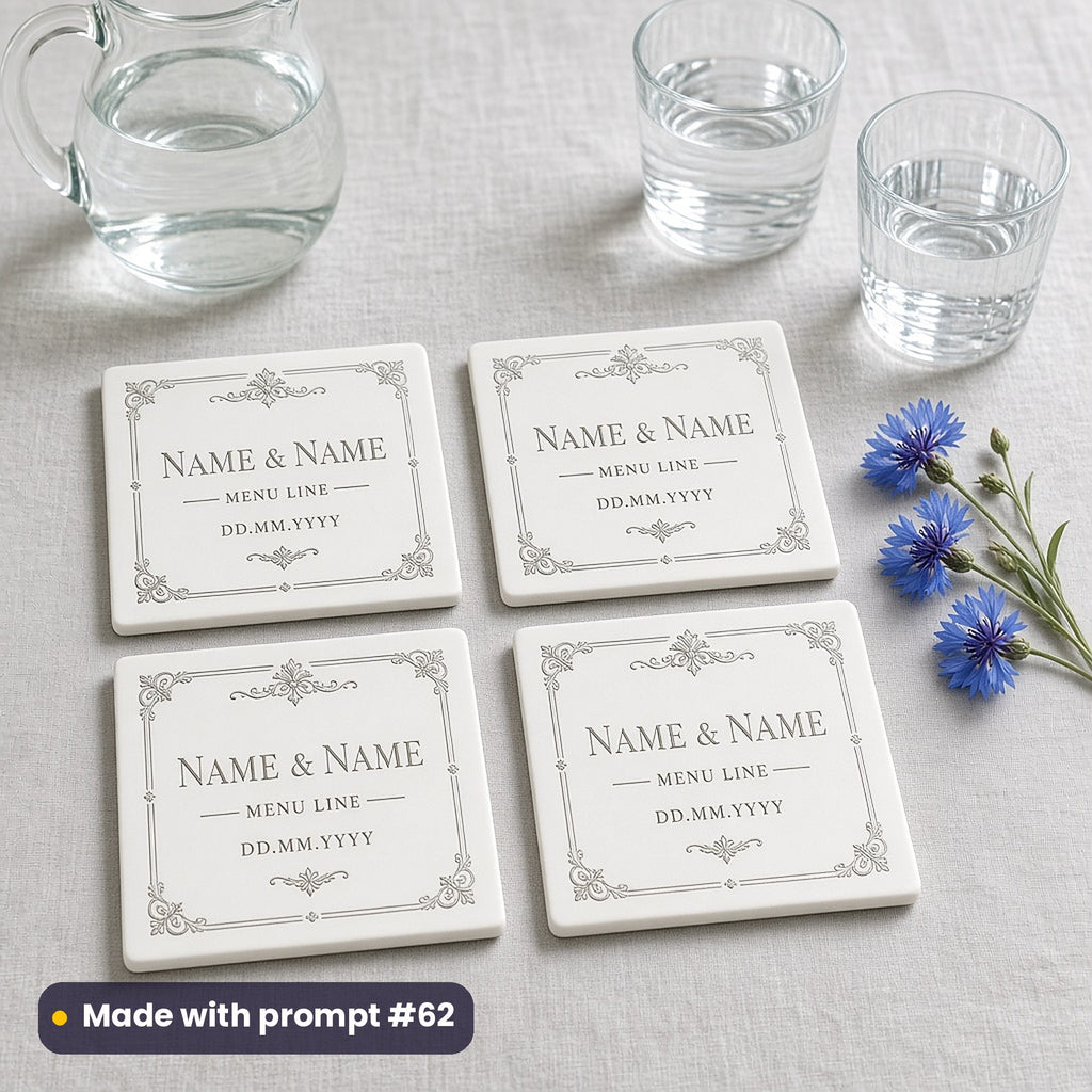 Four square white coasters printed with a fine copperplate border around NAME & NAME, MENU LINE and DD.MM.YYYY placeholder text, beside water tumblers and cornflowers, made with prompt #62