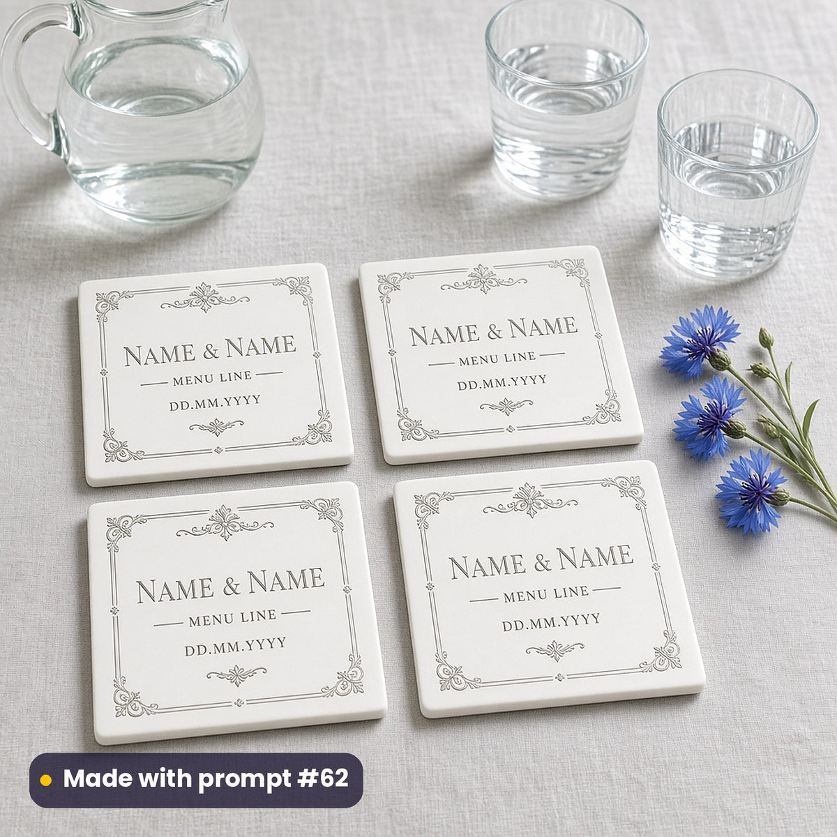 Four square white coasters printed with a fine copperplate border around NAME & NAME, MENU LINE and DD.MM.YYYY placeholder text, beside water tumblers and cornflowers, made with prompt #62