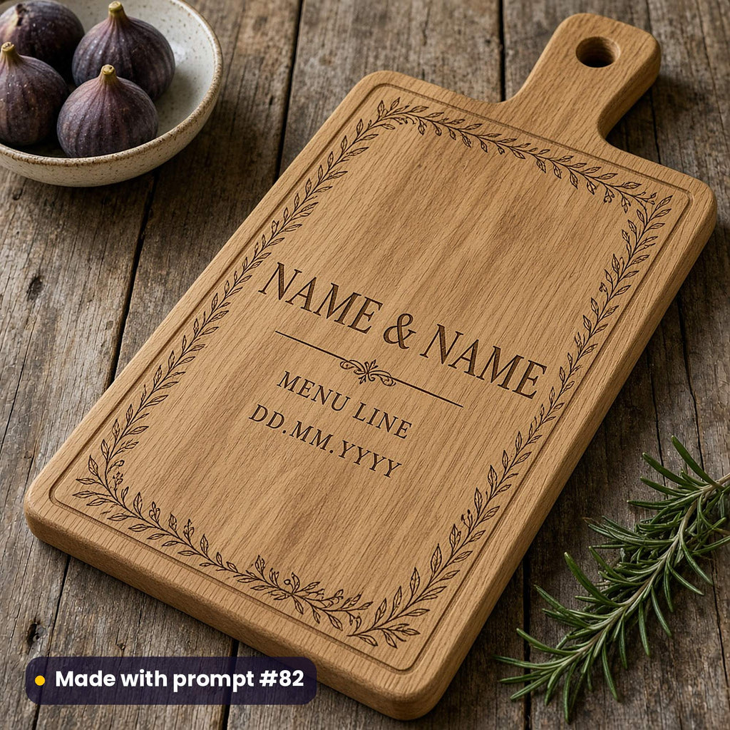 Oak paddle board engraved with a leafy border around NAME & NAME, MENU LINE and DD.MM.YYYY placeholder text, beside figs and rosemary, made with prompt #82