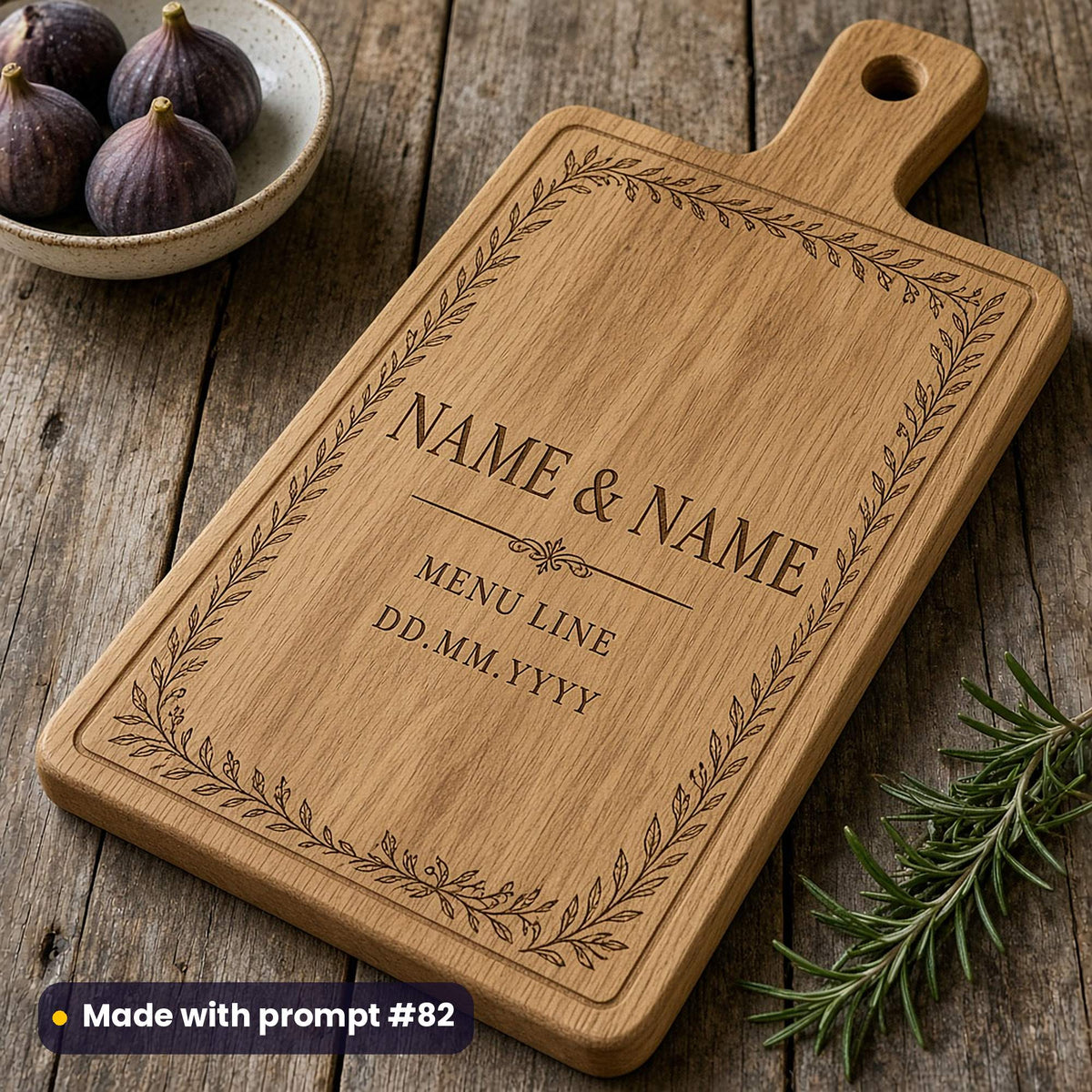 Oak paddle board engraved with a leafy border around NAME & NAME, MENU LINE and DD.MM.YYYY placeholder text, beside figs and rosemary, made with prompt #82