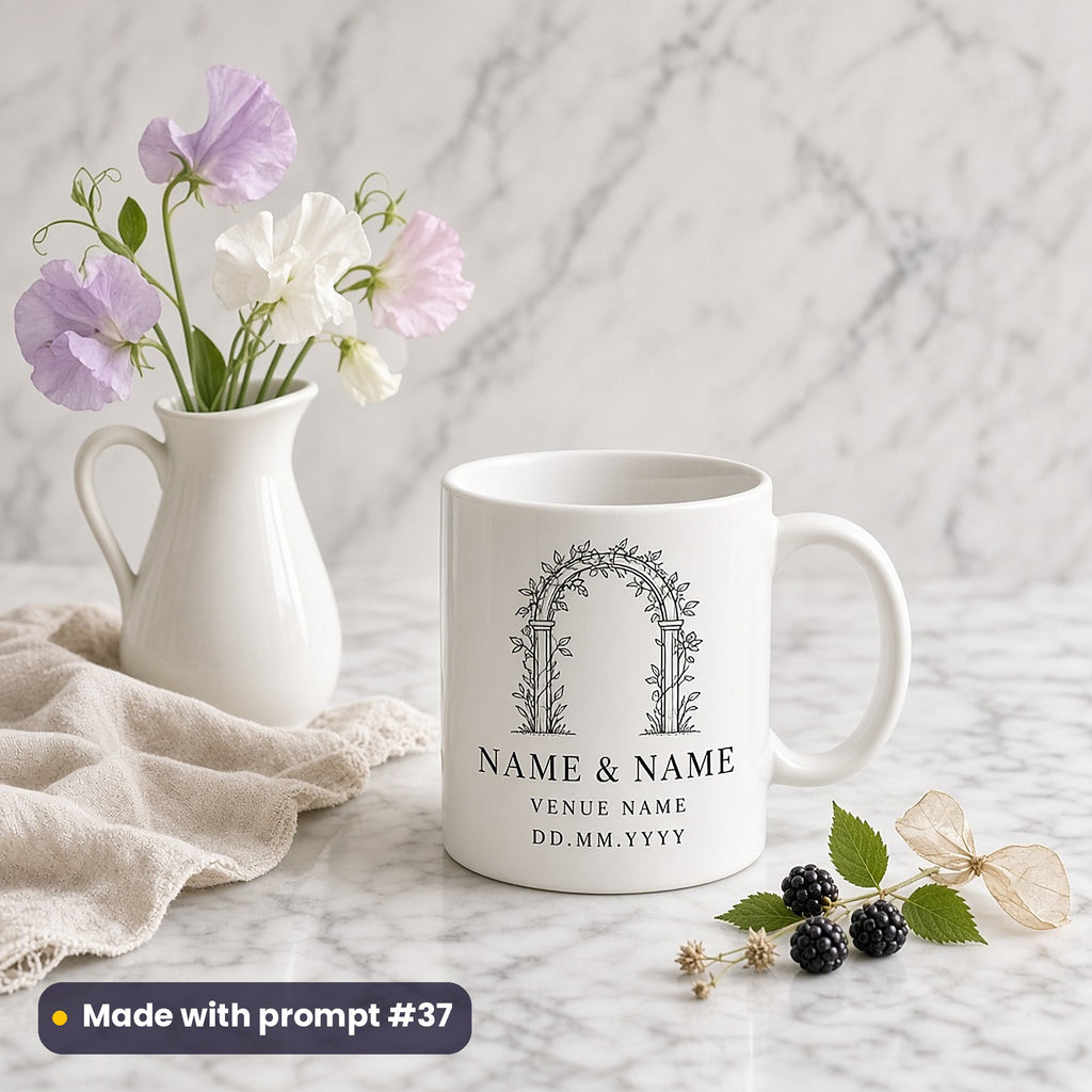 White mug printed with a line-art garden arch above NAME & NAME, VENUE NAME and DD.MM.YYYY placeholder text, beside sweet peas, made with prompt #37