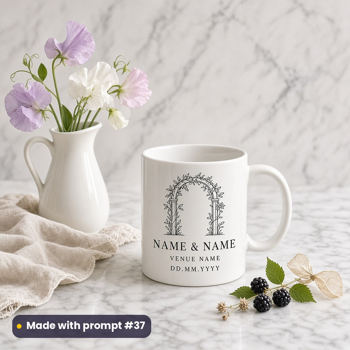 White mug printed with a line-art garden arch above NAME & NAME, VENUE NAME and DD.MM.YYYY placeholder text, beside sweet peas, made with prompt #37