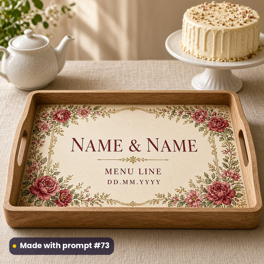 Wooden tray printed with claret country roses around NAME & NAME, MENU LINE and DD.MM.YYYY placeholder text, beside a teapot and cake, made with prompt #73