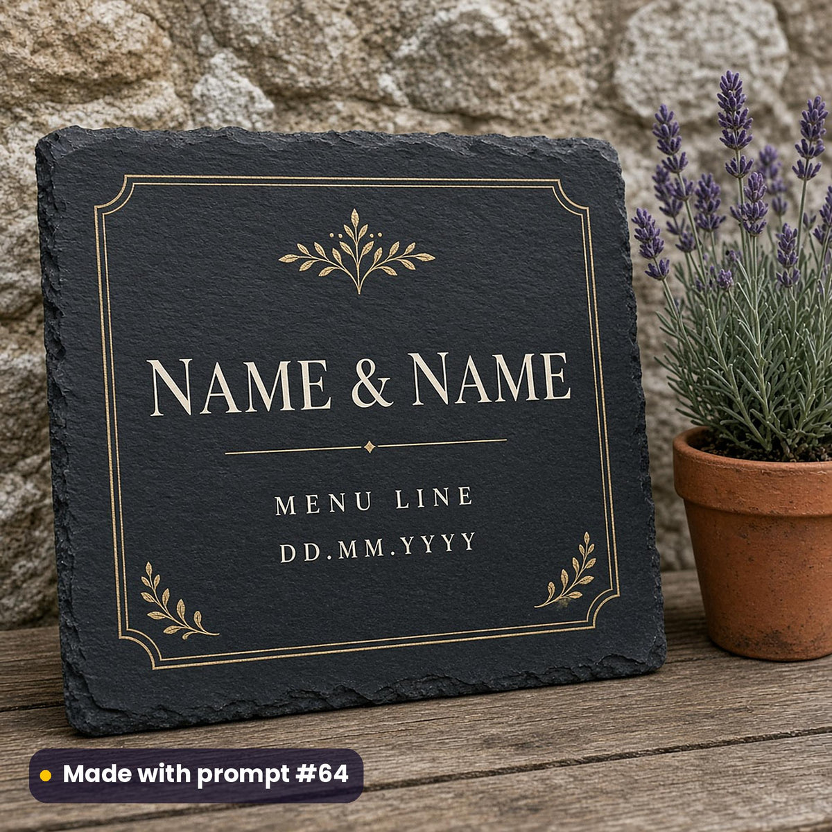 Dark slate sign printed in ivory and gold with a sprig frame around NAME & NAME, MENU LINE and DD.MM.YYYY placeholder text, beside lavender, made with prompt #64