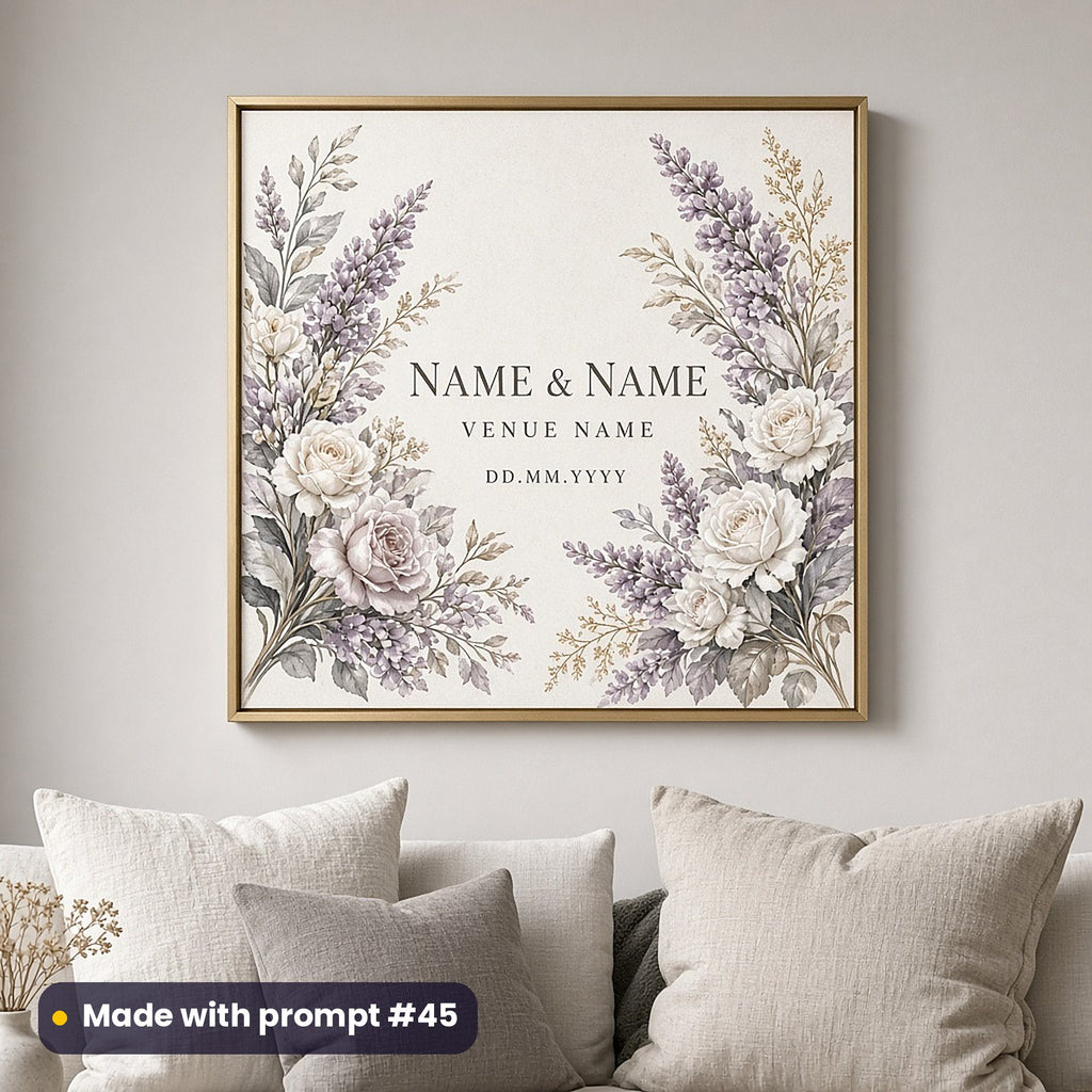 Framed wall art of lilac and white roses around NAME & NAME, VENUE NAME and DD.MM.YYYY placeholder text, above a sofa, made with prompt #45