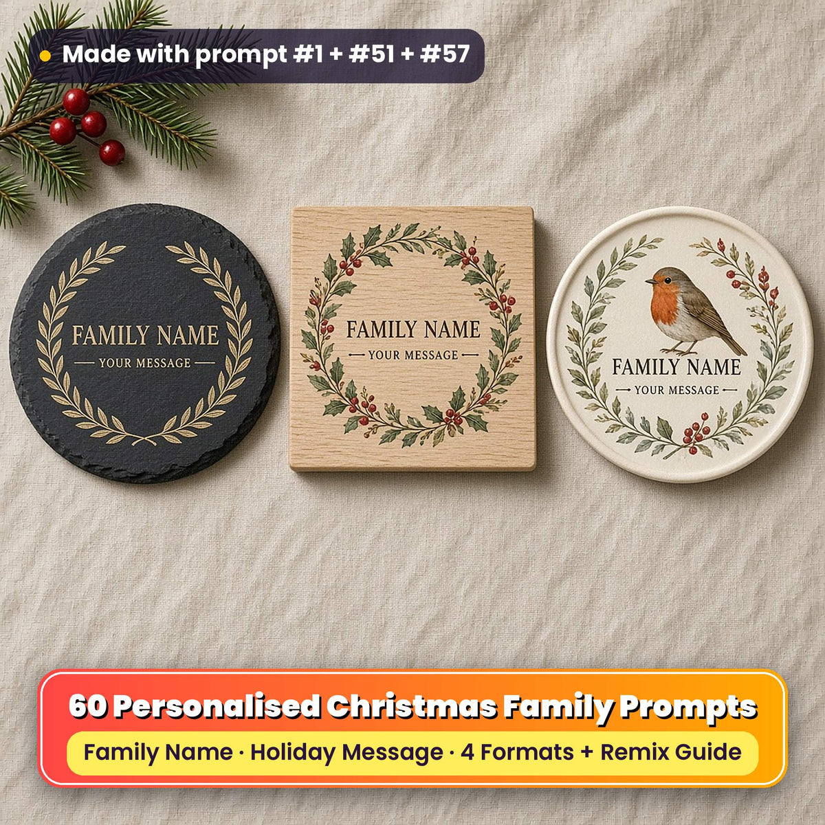 Three personalised Christmas coasters on linen: a slate coaster with a gold laurel wreath, a beech coaster with a holly and berry wreath and a ceramic coaster with a robin and winter berries, each reading FAMILY NAME and YOUR MESSAGE as placeholder text, made with prompt #1 + #51 + #57
