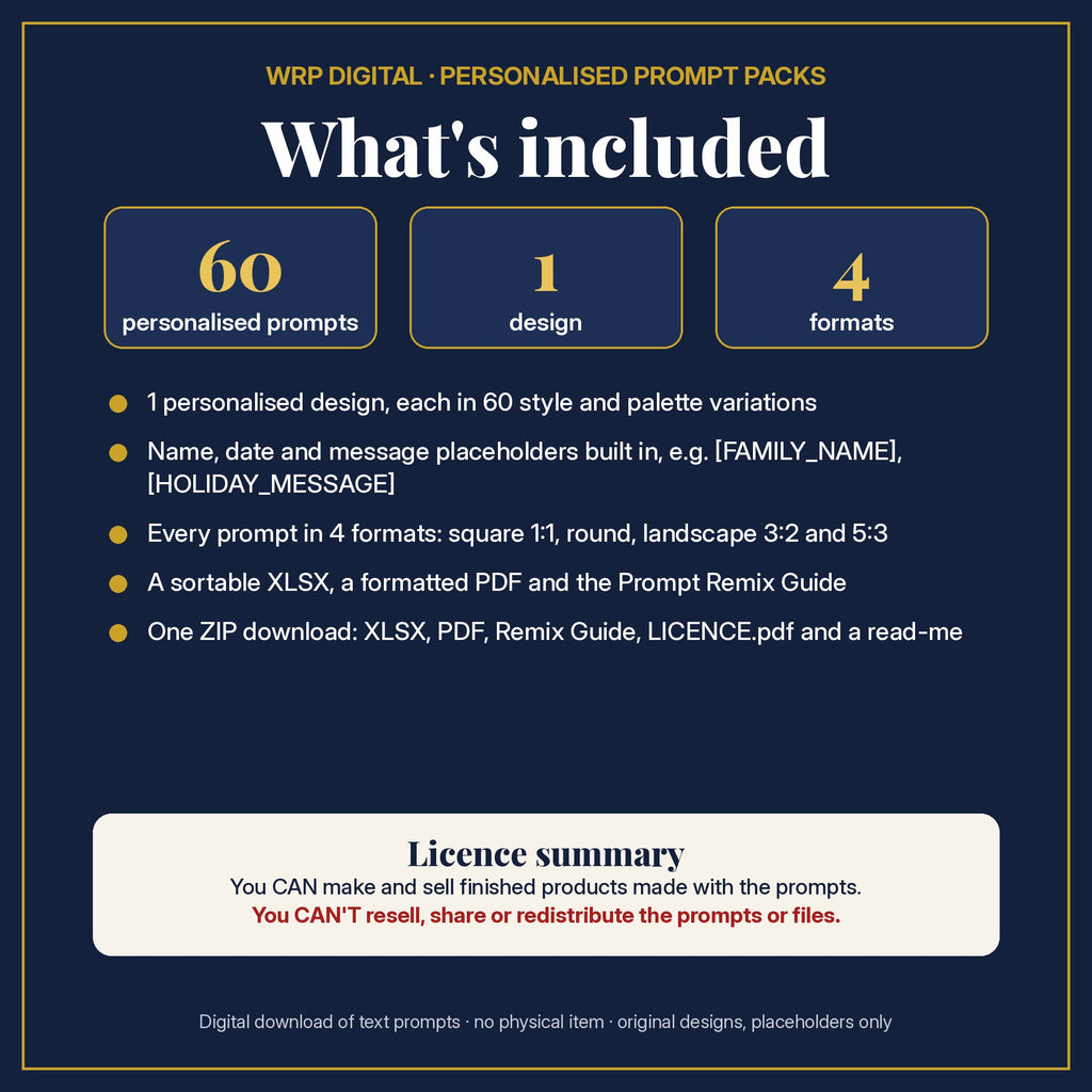 What's included: 60 personalised prompts, 1 design with name, date and message placeholders, 4 formats (square, round, 3:2, 5:3), XLSX and PDF, Prompt Remix Guide, ZIP, and a licence summary