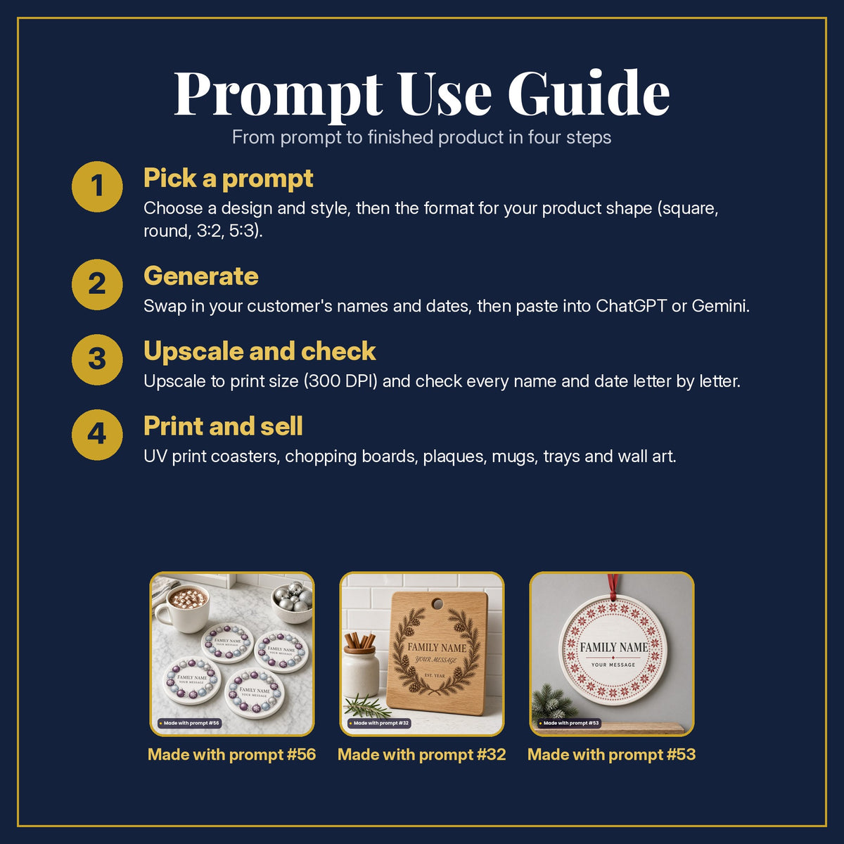 Prompt Use Guide in four steps: pick a prompt, generate, upscale and check, print and sell, with example products made with prompt #56, prompt #32, prompt #53