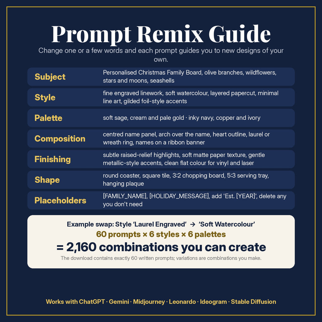 Prompt Remix Guide: change subject, style, palette, composition, finishing, shape and placeholders; 60 prompts × 6 styles × 6 palettes = 2,160 combinations you can create