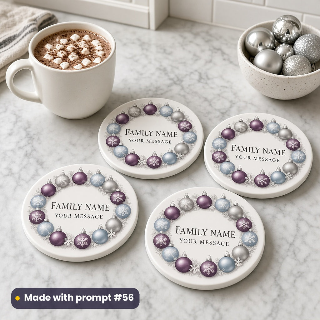 Four round ceramic coasters printed with a ring of plum, icy blue and silver baubles around FAMILY NAME and YOUR MESSAGE placeholder text, beside hot chocolate on a marble counter, made with prompt #56