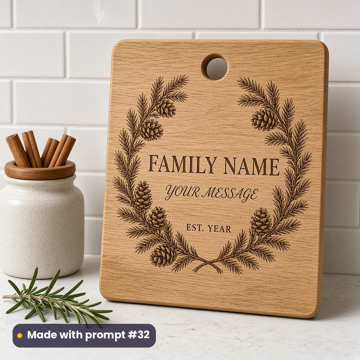Oak chopping board engraved with a pine and pinecone wreath around FAMILY NAME, YOUR MESSAGE and EST. YEAR placeholder text, against white kitchen tiles, made with prompt #32
