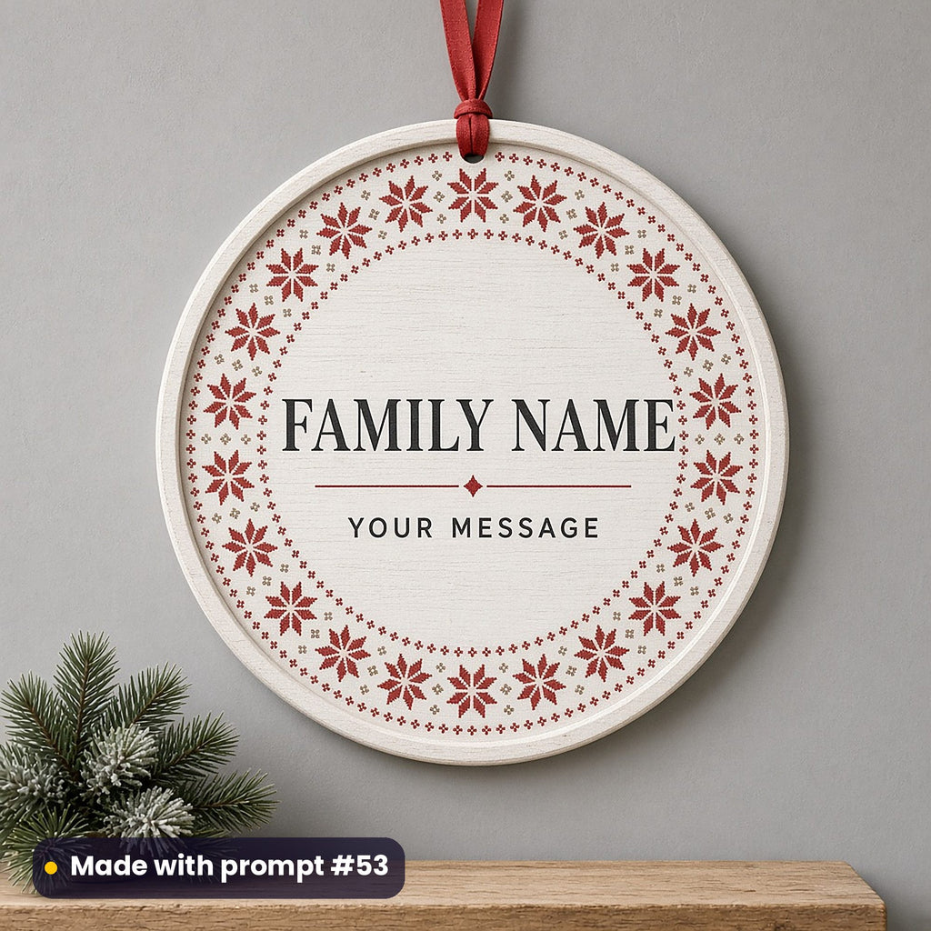 Round white hanging plaque printed with a red Nordic knit star border around FAMILY NAME and YOUR MESSAGE placeholder text, on a grey wall, made with prompt #53