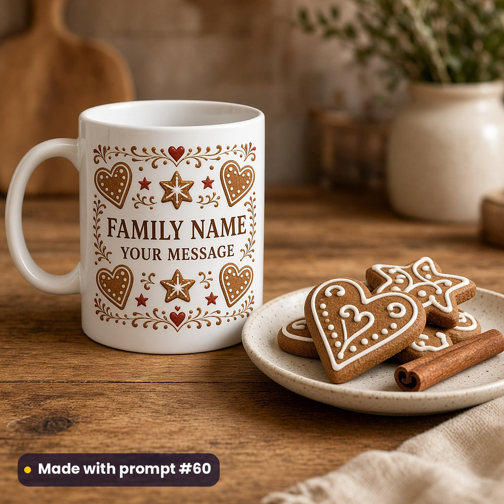 White mug printed with gingerbread hearts, stars and icing swirls around FAMILY NAME and YOUR MESSAGE placeholder text, beside iced gingerbread biscuits, made with prompt #60