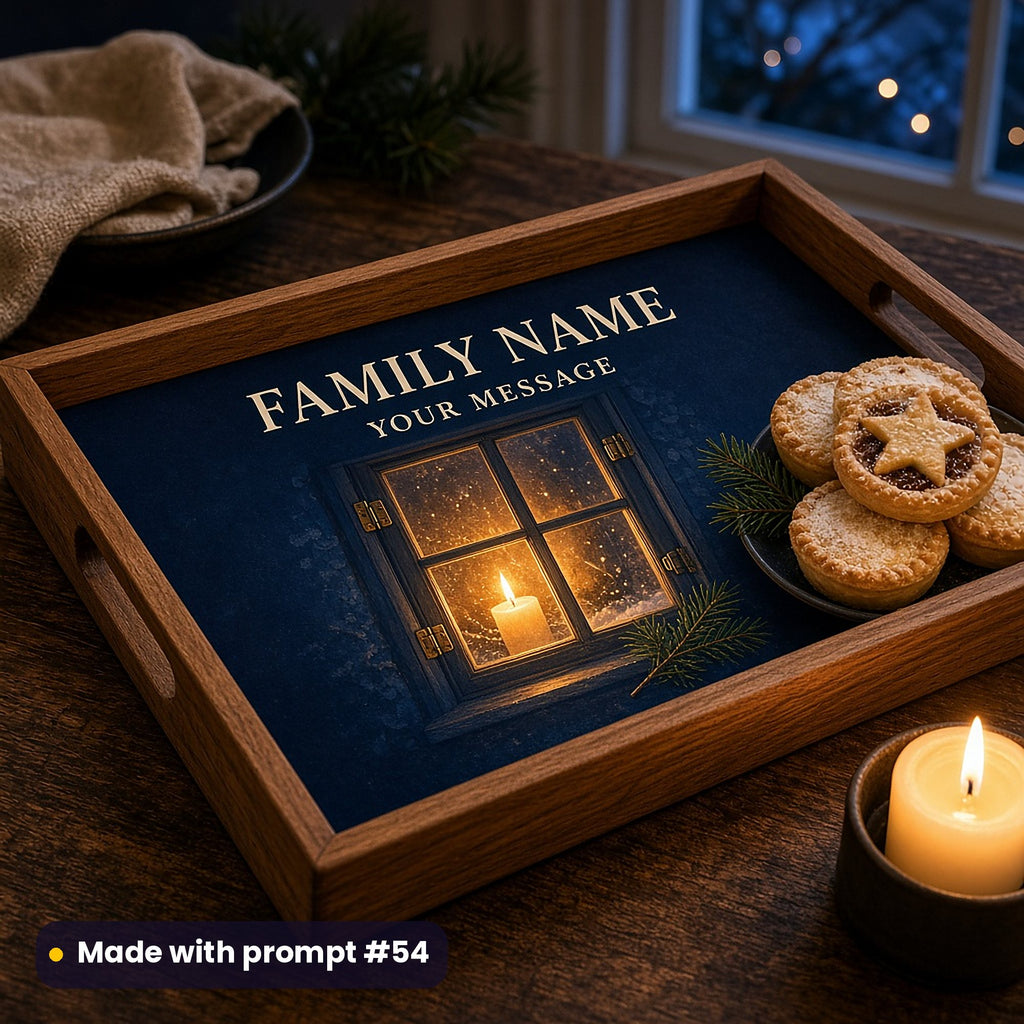 Wooden tray printed with a glowing candlelit window on midnight blue under FAMILY NAME and YOUR MESSAGE placeholder text, with mince pies and a candle, made with prompt #54