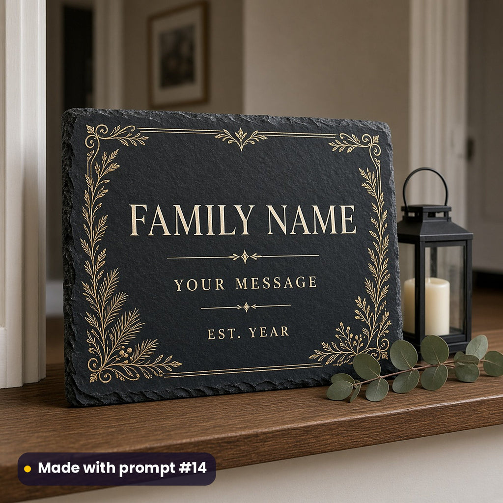 Dark slate sign printed in ivory and gold with a botanical frame around FAMILY NAME, YOUR MESSAGE and EST. YEAR placeholder text, on a hallway shelf, made with prompt #14