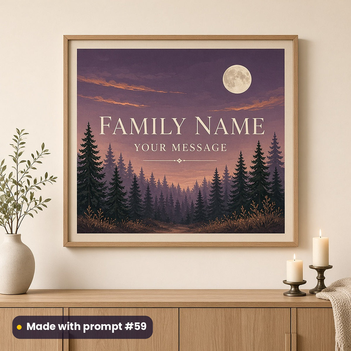 Framed wall art of a winter woodland silhouette at dusk with a pale moon and FAMILY NAME and YOUR MESSAGE placeholder text, above a sideboard, made with prompt #59