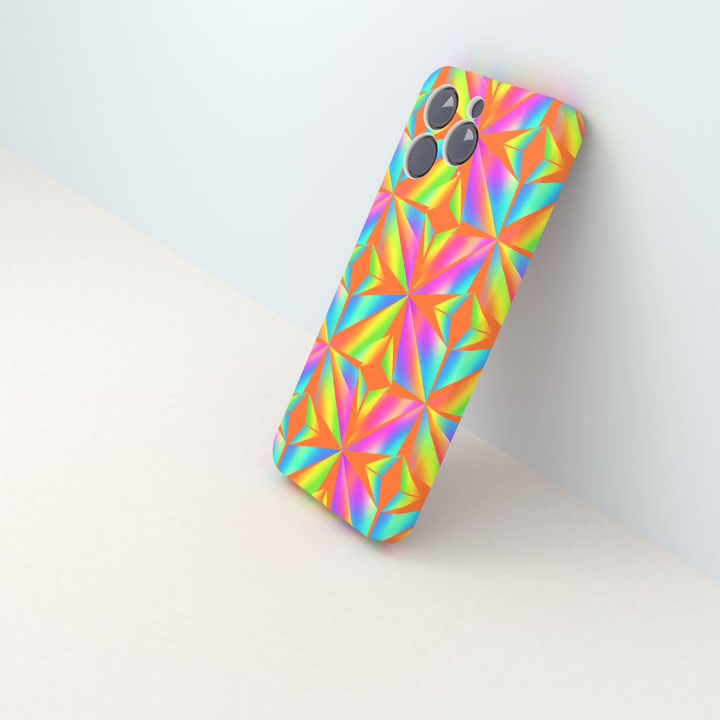 Sublimation wrap-around: a phone case leaning on a wall with the artwork wrapping continuously from the back round the sides and edges, with clean camera cut-outs.