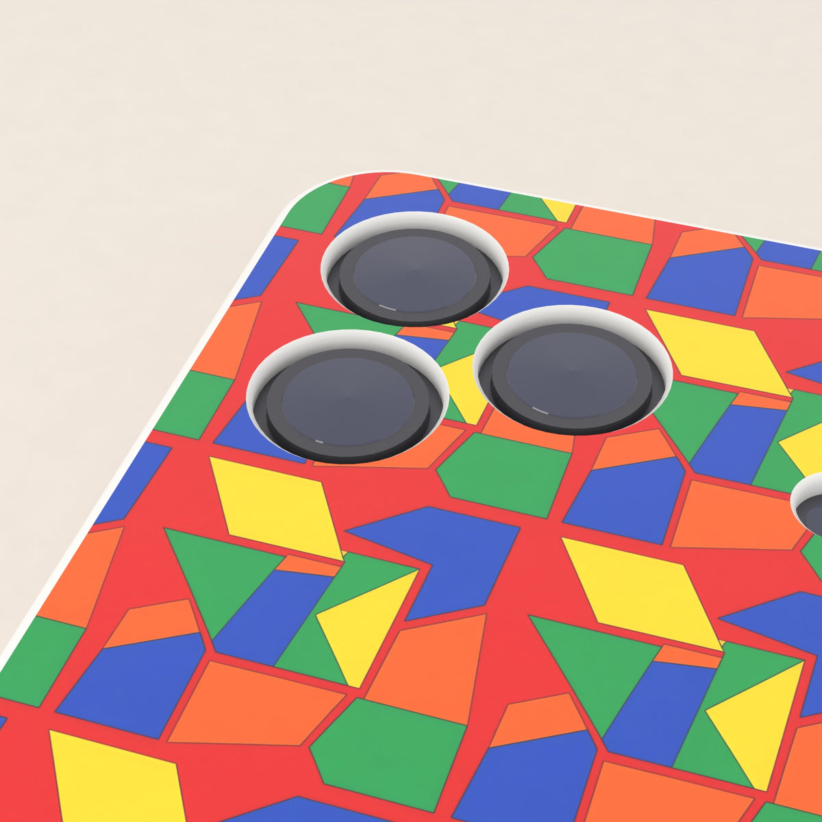 UV printed (back panel only): close-up of the camera cut-outs on a phone case, the artwork stops cleanly at each hole with a slight bevelled edge showing the device underneath.