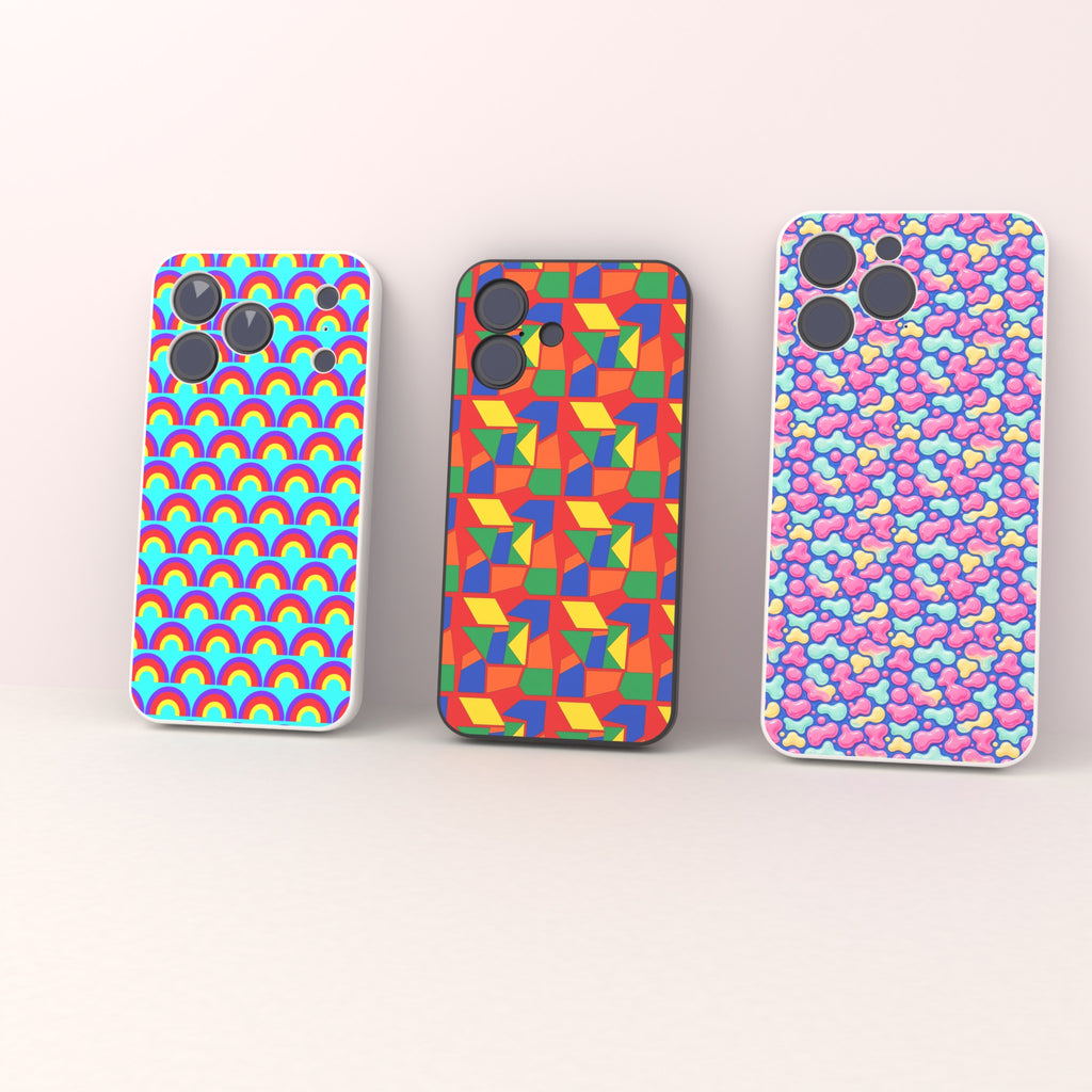 UV printed (back panel only): three phone cases with different back-panel artwork designs standing in a row, plain sides, clean camera cut-outs.