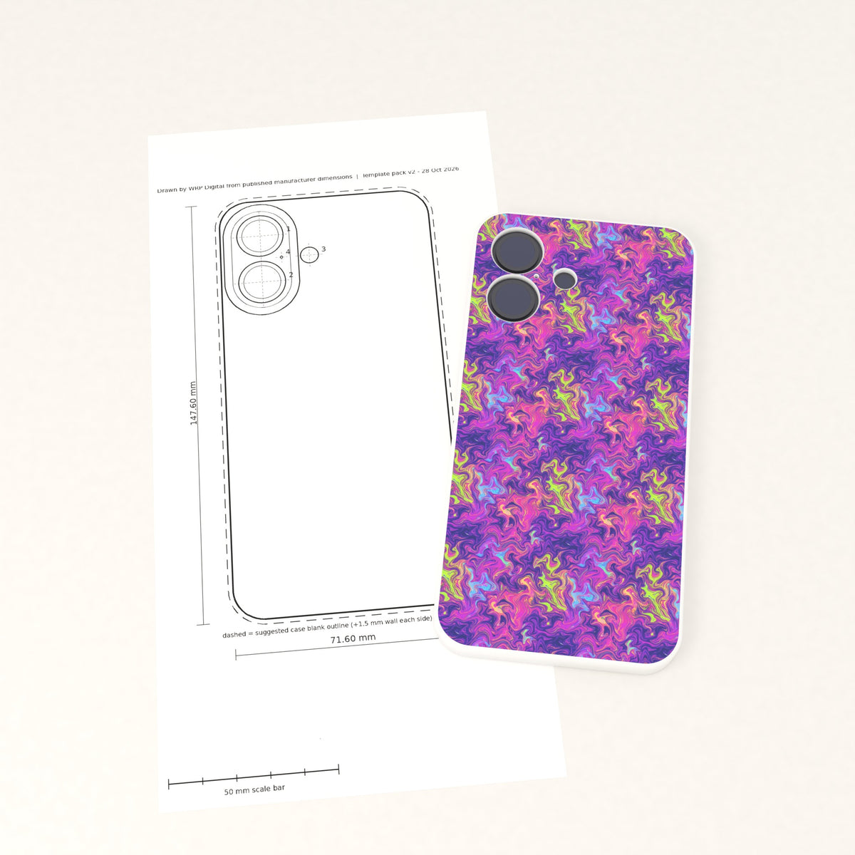 UV printed (back panel only): a finished phone case next to the printed 1:1 template sheet from the pack, showing how the outline becomes the case.