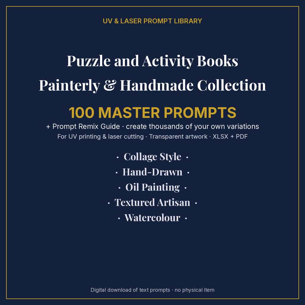Cover: Puzzle and Activity Books Painterly & Handmade Collection, 100 master prompts + Prompt Remix Guide