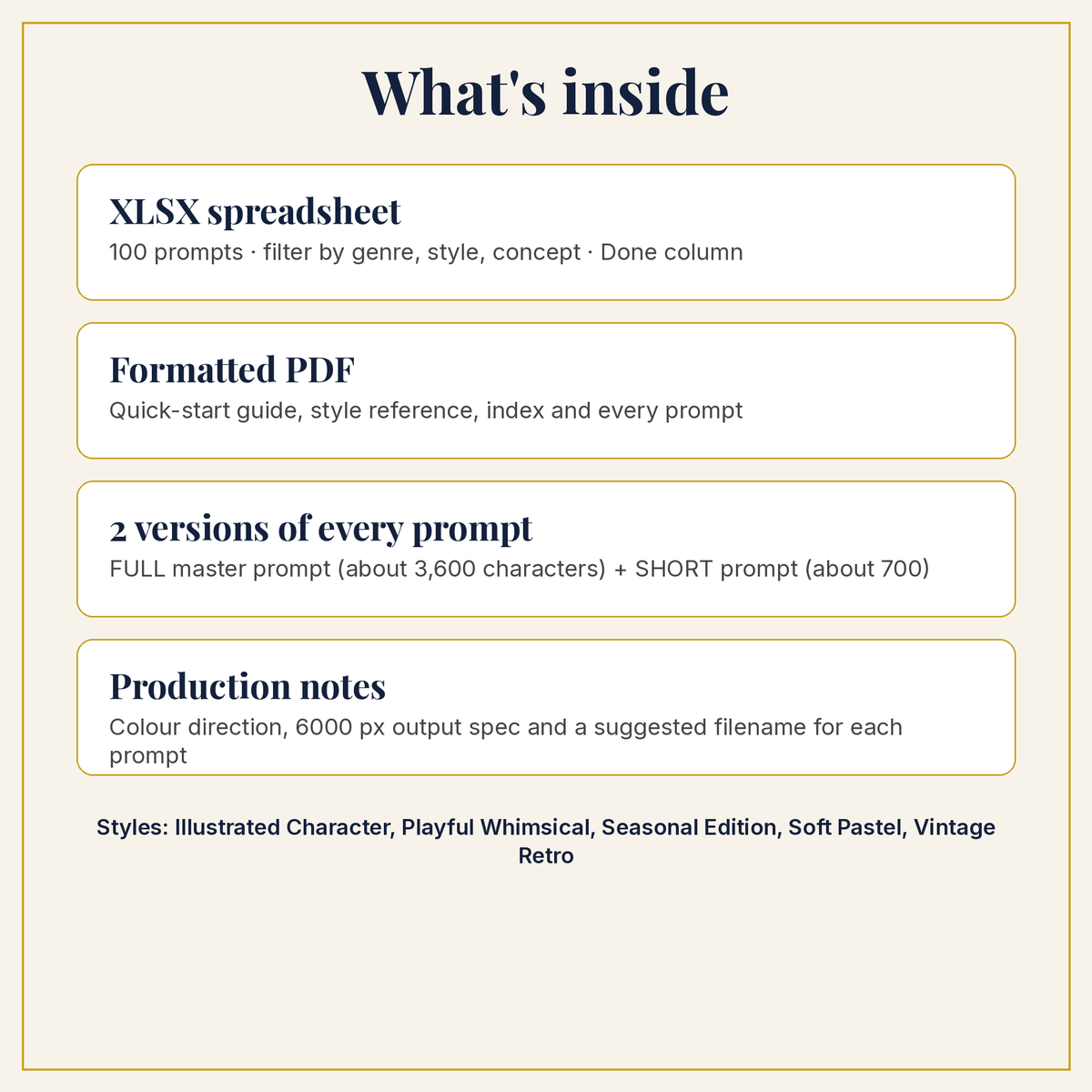 What is inside the download: XLSX, PDF, full and short prompts