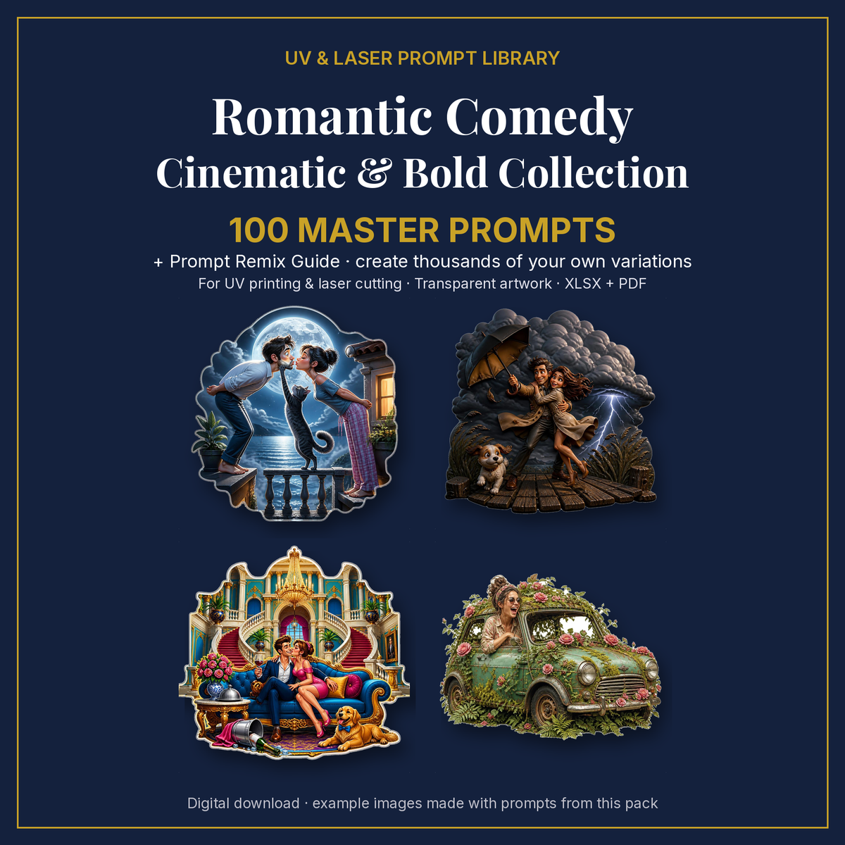 Cover: Romantic Comedy Cinematic & Bold Collection, 100 master prompts + Prompt Remix Guide