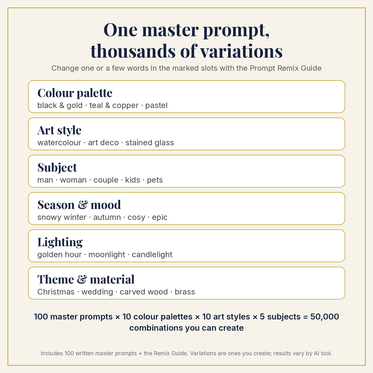 Prompt Remix Guide: swap a few words in each master prompt to create thousands of your own variations