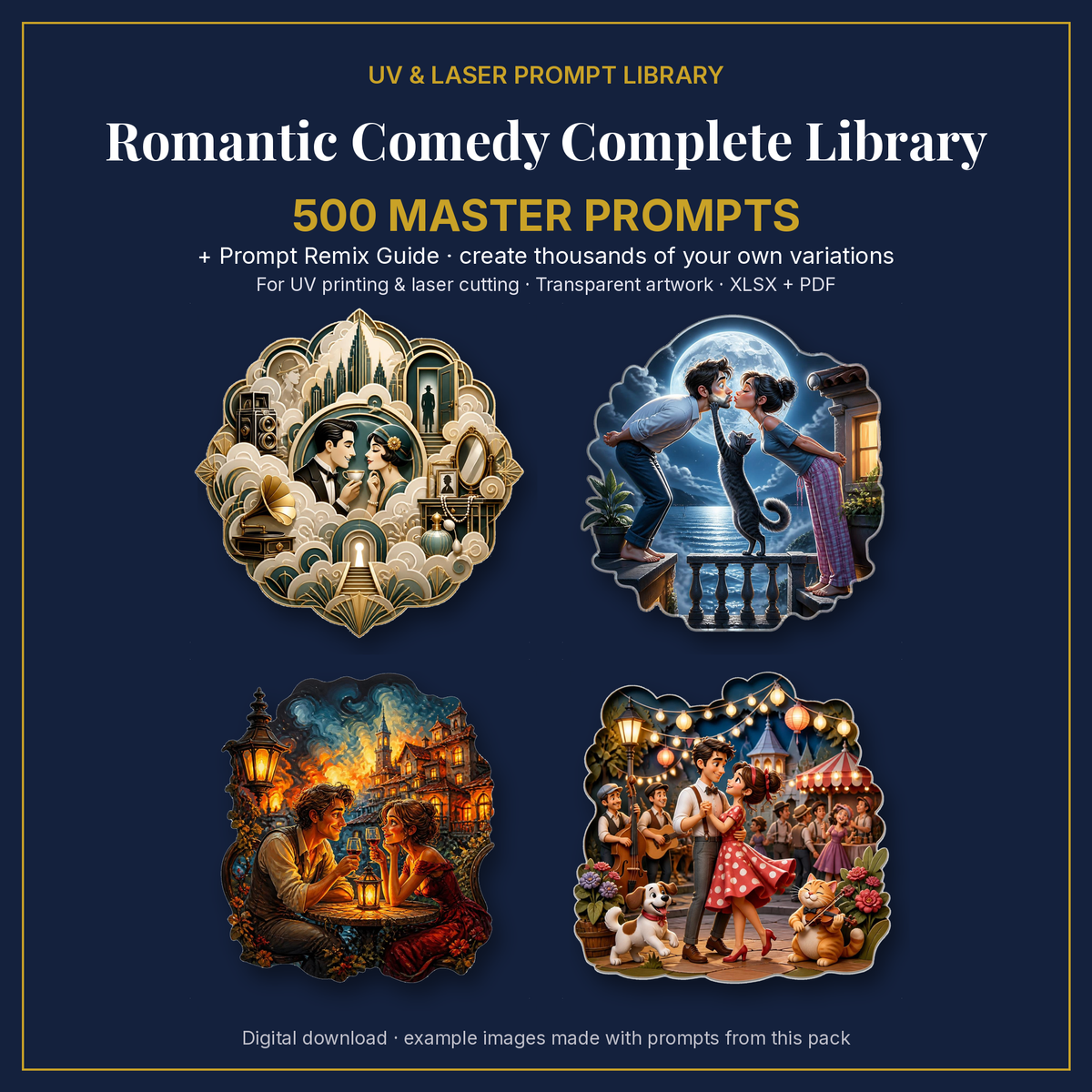 Cover: Romantic Comedy Complete Library, 500 master prompts + Prompt Remix Guide