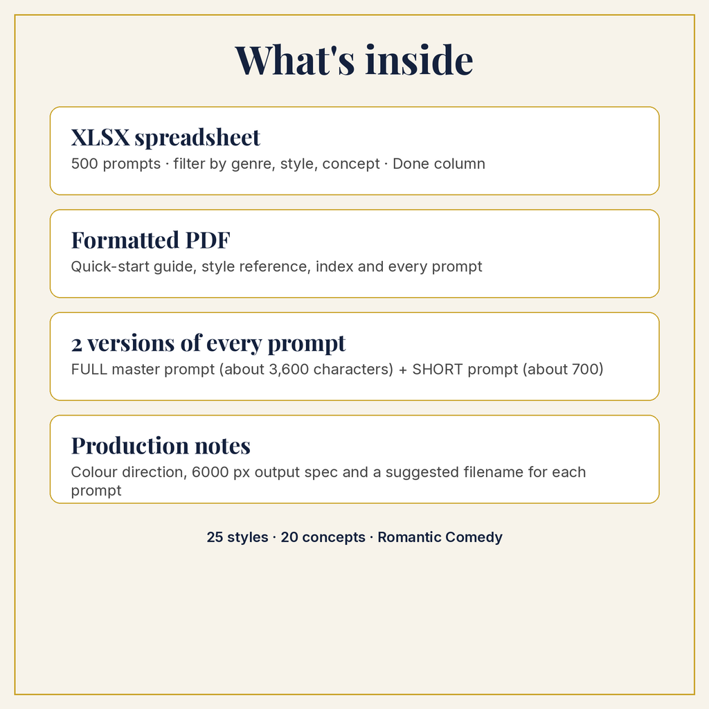 What is inside the download: XLSX, PDF, full and short prompts