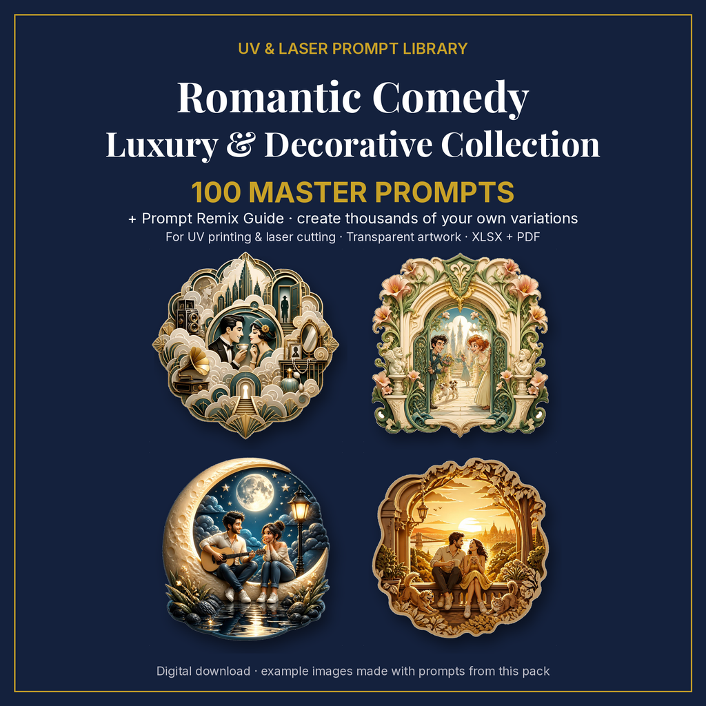 Cover: Romantic Comedy Luxury & Decorative Collection, 100 master prompts + Prompt Remix Guide