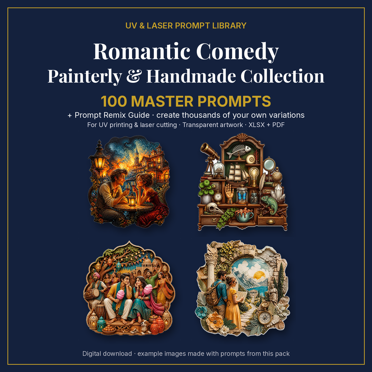 Cover: Romantic Comedy Painterly & Handmade Collection, 100 master prompts + Prompt Remix Guide