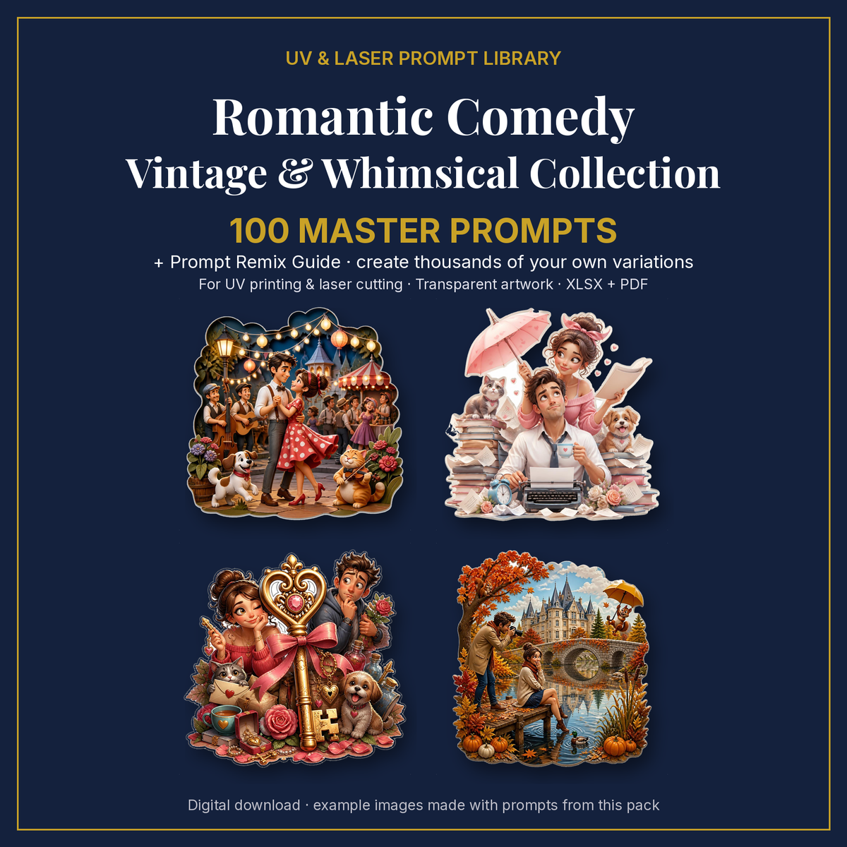 Cover: Romantic Comedy Vintage & Whimsical Collection, 100 master prompts + Prompt Remix Guide