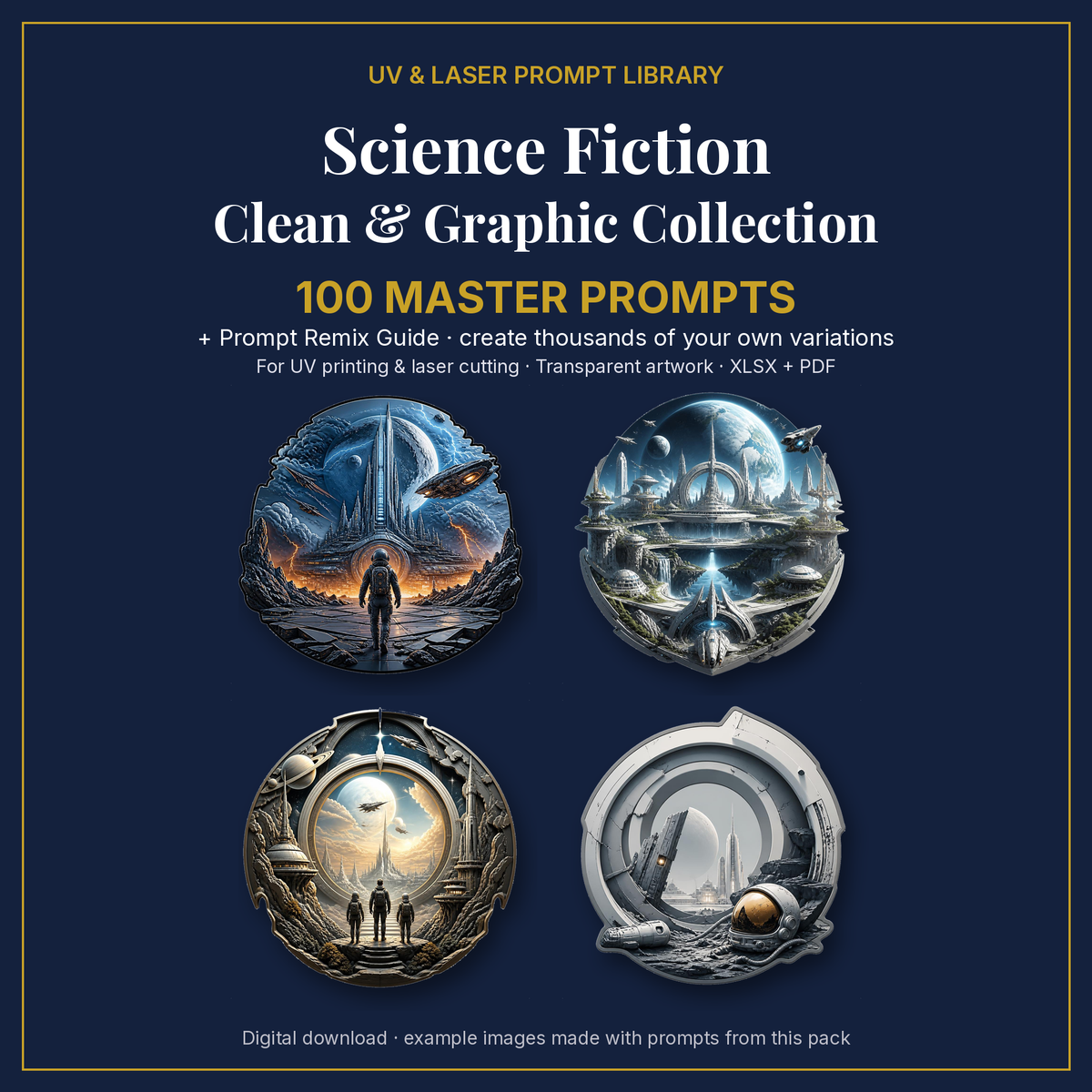 Cover: Science Fiction Clean & Graphic Collection, 100 master prompts + Prompt Remix Guide