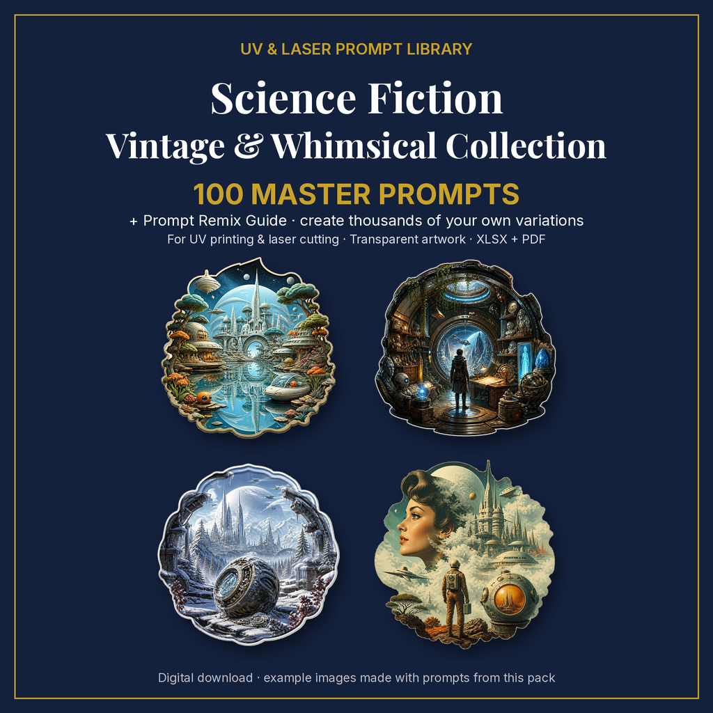 Cover: Science Fiction Vintage & Whimsical Collection, 100 master prompts + Prompt Remix Guide