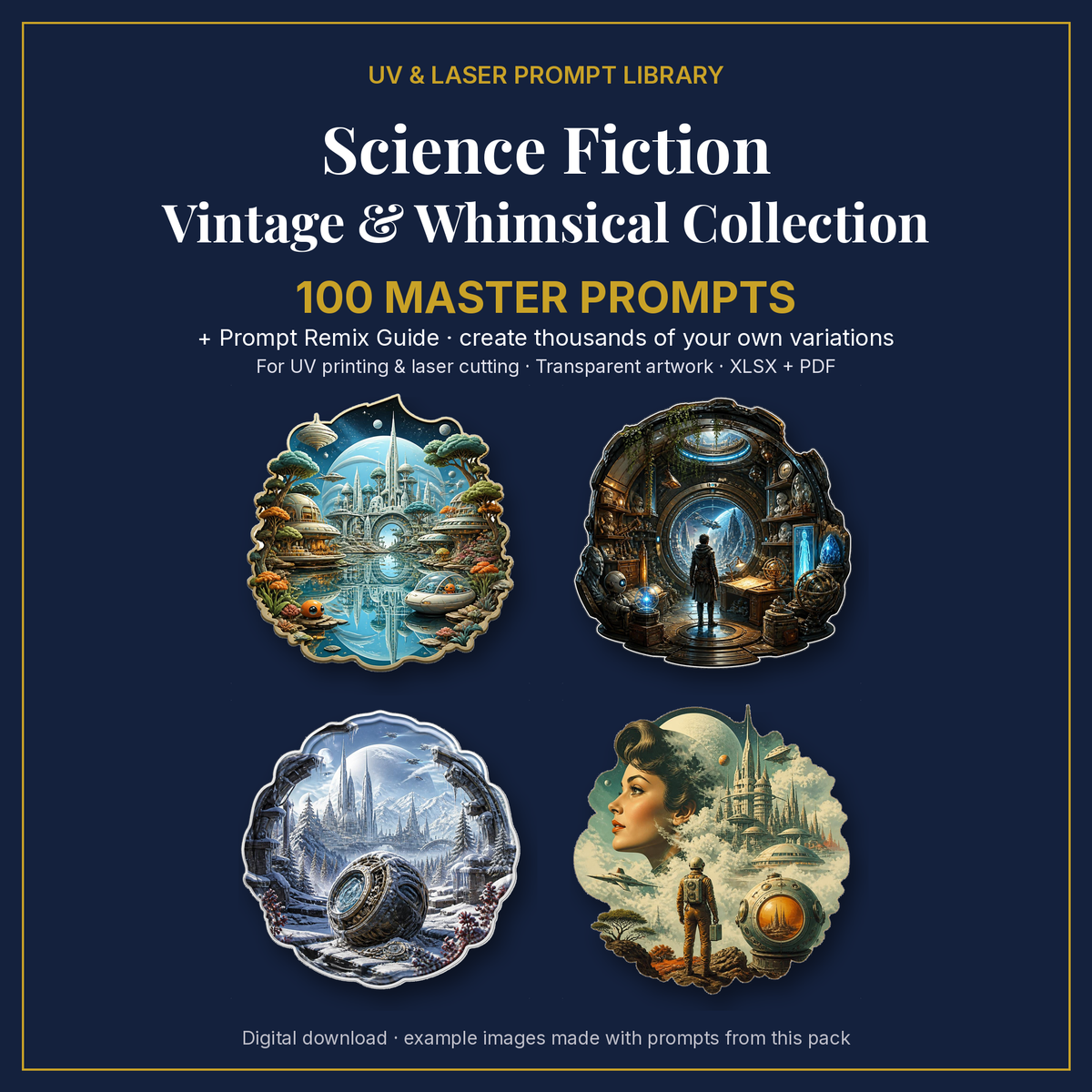 Cover: Science Fiction Vintage & Whimsical Collection, 100 master prompts + Prompt Remix Guide