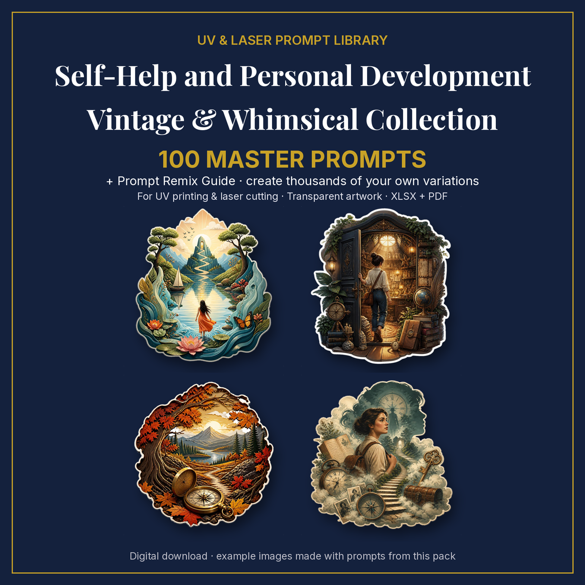 Cover: Self-Help and Personal Development Vintage & Whimsical Collection, 100 master prompts + Prompt Remix Guide