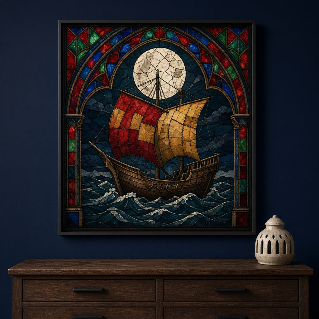 Medieval ships printed flat on a framed print, made with prompt #1721: a cog ship with red and ochre patched sails on a dark sea under a full moon, inside a ruby, sapphire and emerald gothic arch