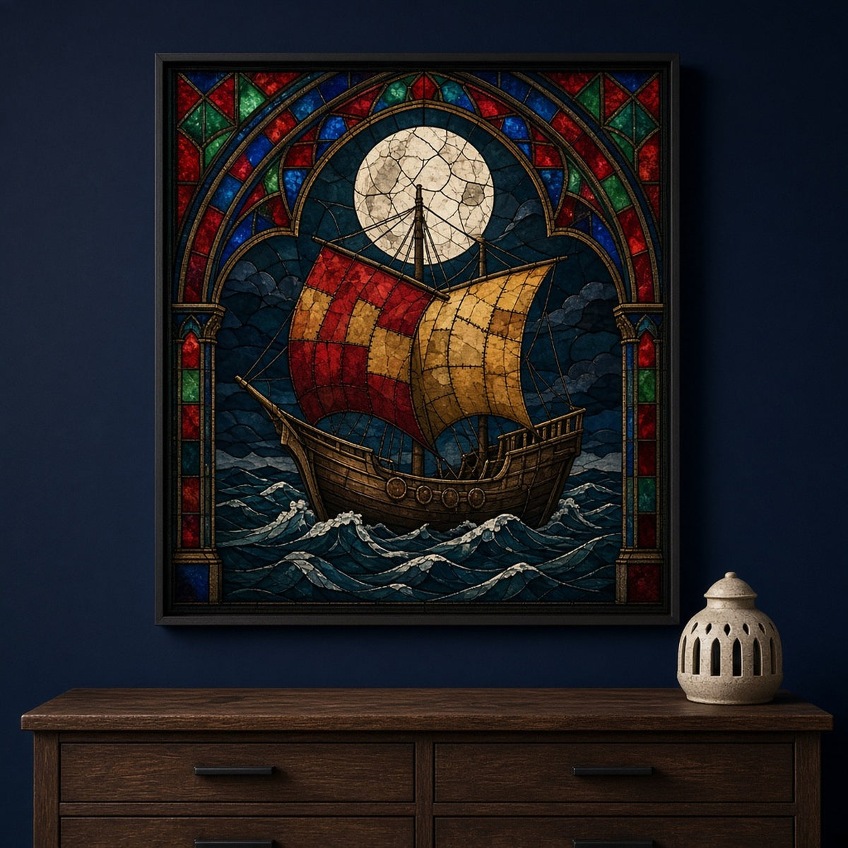 Medieval ships printed flat on a framed print, made with prompt #1721: a cog ship with red and ochre patched sails on a dark sea under a full moon, inside a ruby, sapphire and emerald gothic arch