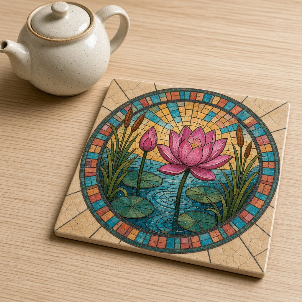Lotus flowers botanical printed flat on a trivet tile, made with prompt #9677: a pink lotus with lily pads and reeds in a teal pond inside a ring of turquoise, coral and ochre mosaic glass