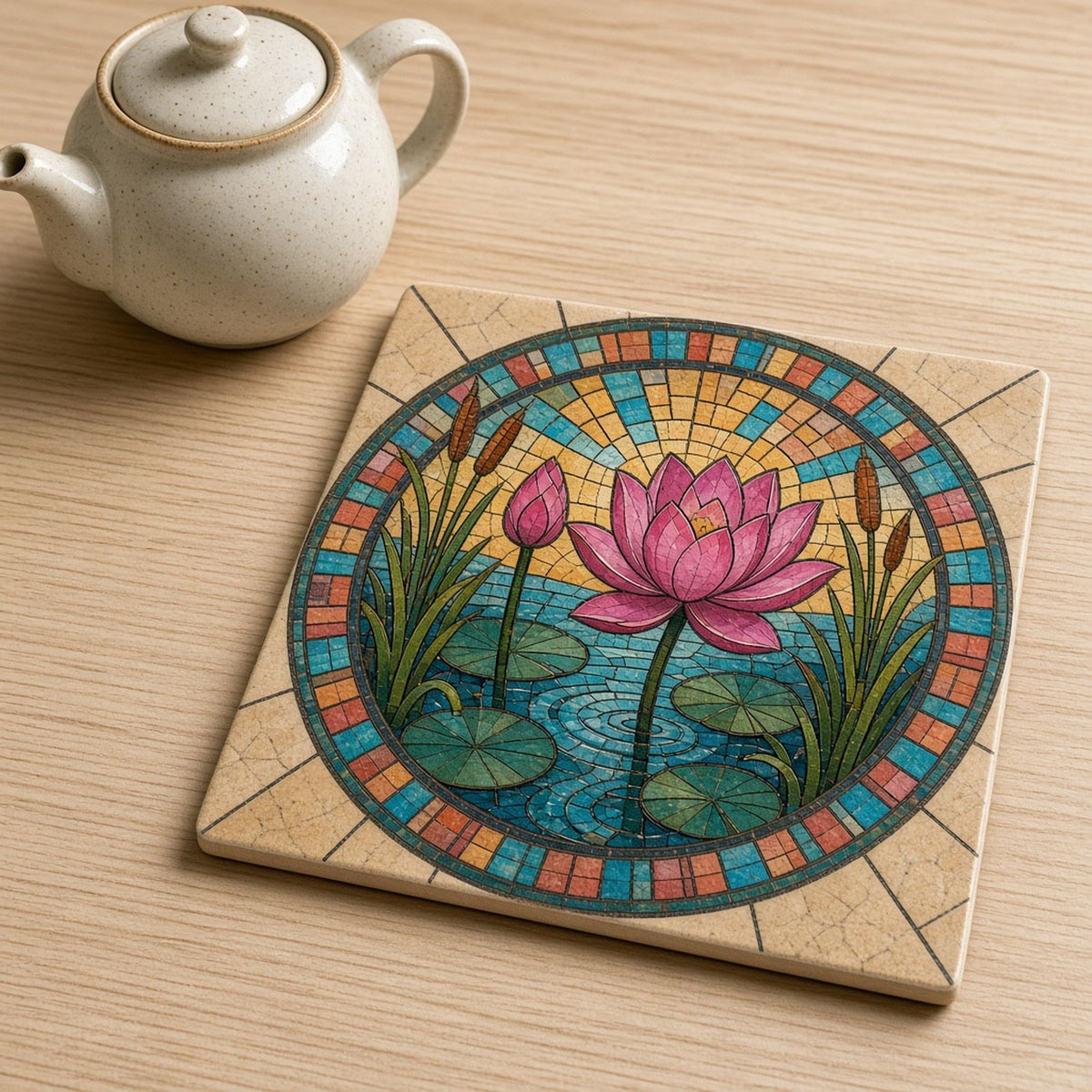 Lotus flowers botanical printed flat on a trivet tile, made with prompt #9677: a pink lotus with lily pads and reeds in a teal pond inside a ring of turquoise, coral and ochre mosaic glass