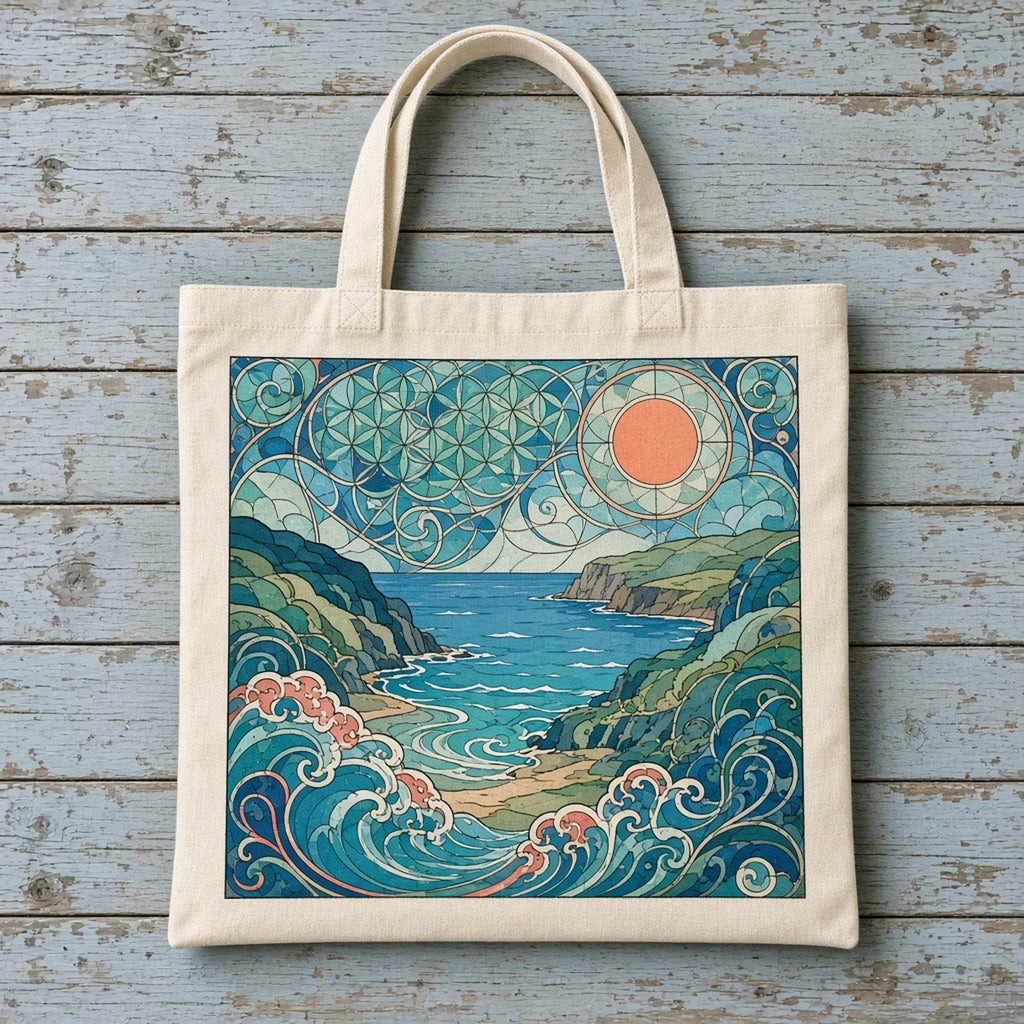 Sacred-pattern-inspired artwork printed flat on a tote bag, made with prompt #17848: a sea-glass coastal cove under a sky of interlocking circle rosettes and spirals with a coral sun