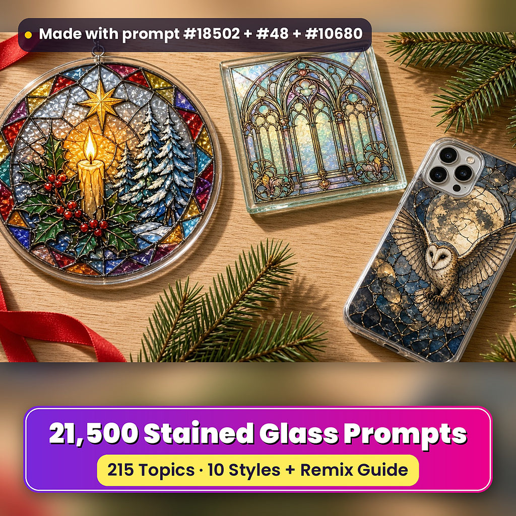 Stained Glass Complete Prompt Library: UV-printed suncatcher, coaster and phone case set mockup, made with prompt #18502 + #48 + #10680