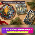 Stained Glass Complete Prompt Library: UV-printed suncatcher, coaster and phone case set mockup, made with prompt #18502 + #48 + #10680