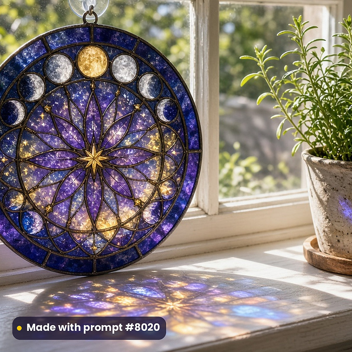 Stained Glass Complete Prompt Library: UV-printed acrylic suncatcher in a window mockup, made with prompt #8020