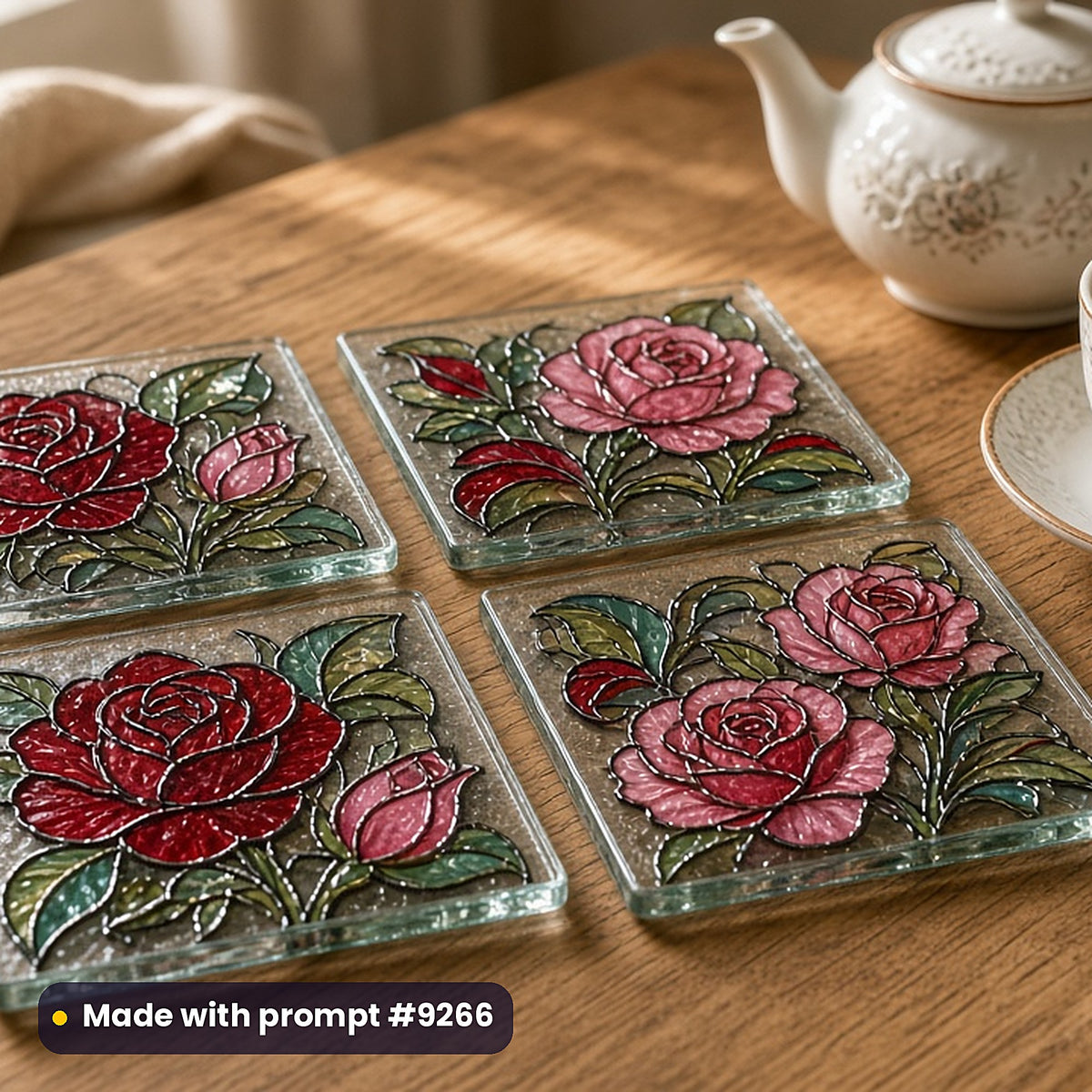 Stained Glass Complete Prompt Library: set of UV-printed glass coasters mockup, made with prompt #9266