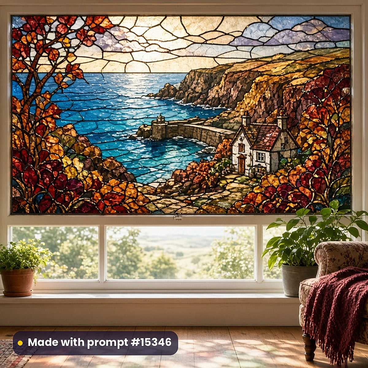 Stained Glass Complete Prompt Library: faux stained glass window panel mockup, made with prompt #15346